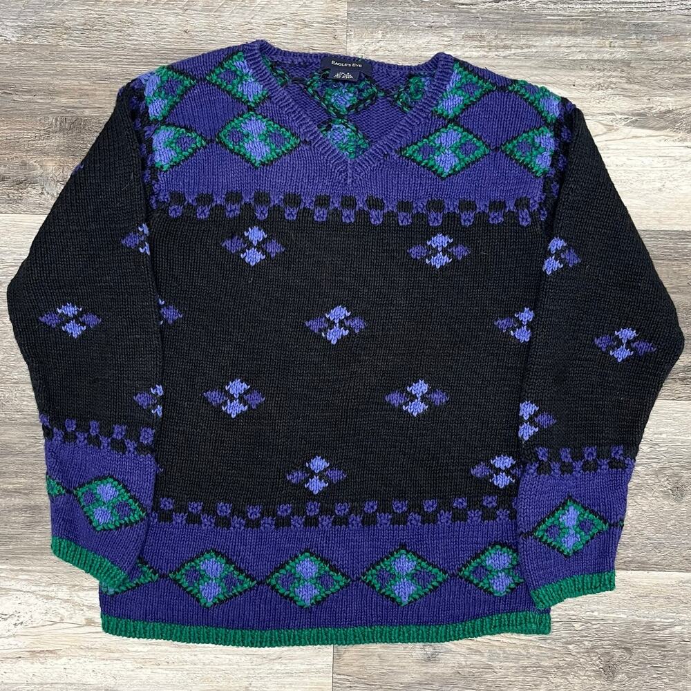 Vintage Eagles Eye Geometric Purple Black Womens S V-Neck‎ Chunky Knit Sweater